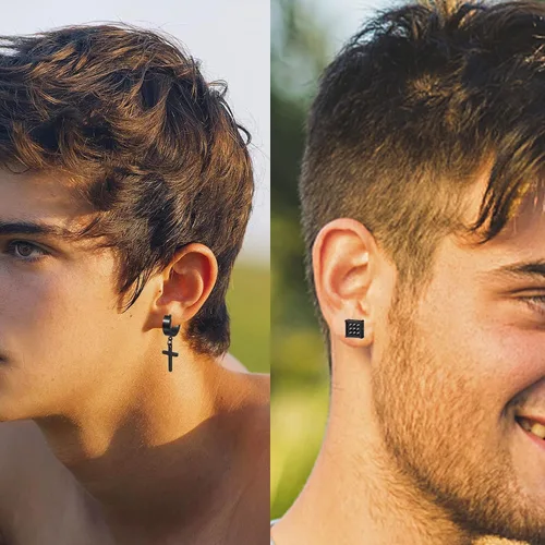 Miniatura 5 de KWUNCCI Aretes para hombre, 15 pares de aretes de aro de acero inoxidable quirúrgico, aretes negros para hombres y mujeres, juego de aretes de aro