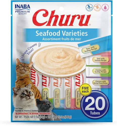 Miniatura 17 de Inaba Churu Golosinas para gatos, puré cremoso sin cereales que se puede lamer y exprimir, suplemento con vitamina E y taurina, 0.5 onzas en cada