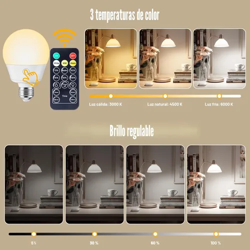 Miniatura 3 de Brightown - Foco recargable E26 con temporizador remoto y 3 temperaturas de color, bombilla con batería de respaldo para apliques y lámparas, E26