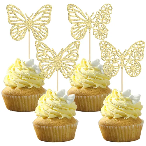 Gyufise Paquete de 24 adornos de mariposa ensamblados con purpurina dorada, decoraciones de mariposa dorada, púas para cupcakes, bodas,