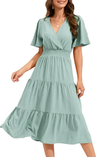 KOJOOIN Women's Casual Wrap V Neck Midi Dress Long Sleeve Smocked Waist Tiered A Line Pleated Flowy Long Dress