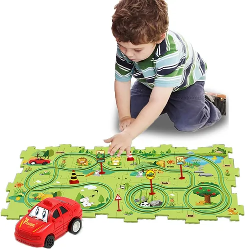 Miniatura 16 de Regalo de cumpleaños para niño de 4 años, Set de pista de autos de carreras con rompecabezas para niños, Set de pista de autos Puzzle Racer