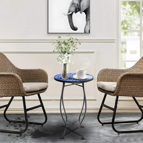 Miniatura 5 de Arbuxzuy Mesa auxiliar pequeña de 12 pulgadas para exteriores con mosaico azul-blanco, mesa de patio con mosaico de vidrio para interiores, mesa