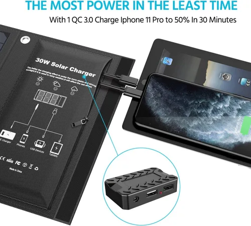 Miniatura 4 de Cargador solar de 30 W, panel solar QC3.0 USB y puertos 1CC (18V1.66A), panel plegable con alta tasa de conversión, cargador de teléfono solar