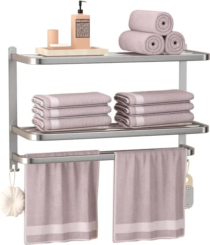 Miniatura 8 de Estante de toallas de 3 niveles de 23 pulgadas en negro para baño con barras de toallas, estante de toallas de hotel multicapa de acero inoxidable