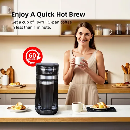 Miniatura 4 de Máquina de Café HousesAid, Cafetera de Porción Individual, Cafetera de Una Taza con Filtro Reutilizable y Botón de Control de Un Toque, Hervidor