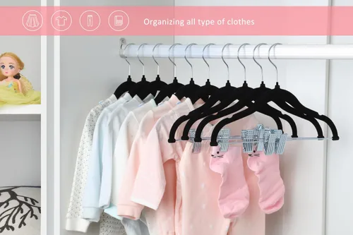 Miniatura 2 de ManGotree Perchas de terciopelo para bebé de 11.8 pulgadas con clips movibles, perchas de fieltro antideslizantes para niños, perchas de ropa