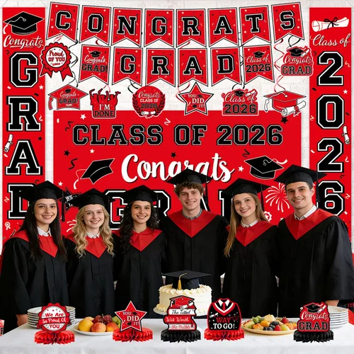 Miniatura 7 de Decoraciones de graduación 2026, juego de decoraciones de graduación rojo y negro con pancarta y telón de fondo de felicitaciones, letrero
