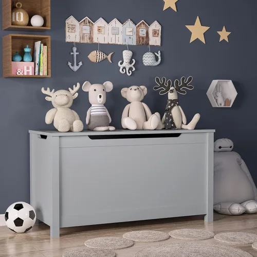 Cofre de juguetes de madera, caja de juguetes para niños, muebles para sala de juegos, banco con tapa con bisagras de seguridad, organizador de Gris