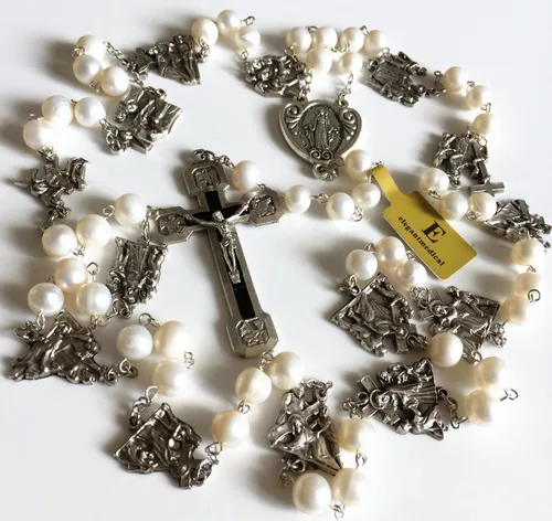 Miniatura 3 de elegantmedical Stations of the Cross - Rosario de oración con perlas blancas reales, caja de regalo católica, Perla