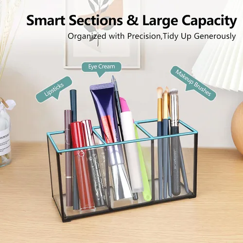 Miniatura 3 de ELEGANTLIFE Organizador de brochas de maquillaje de vidrio transparente, lujoso soporte de almacenamiento de cepillos de cosméticos de vidrio Negro