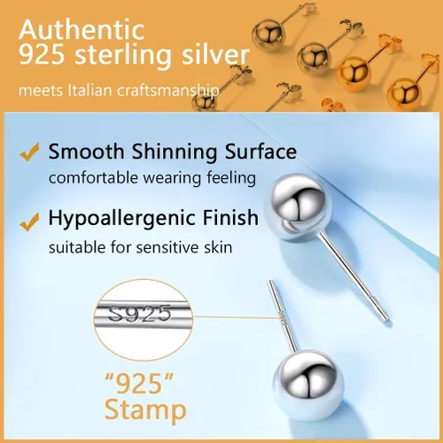 Miniatura 3 de PROSILVER 925 Sterling Silver Ball Stud Earrings, Hypoallergenic for Sensitive Ears, Womens Flat Back Studs, 3mm4mm5mm7mm, Come with Box