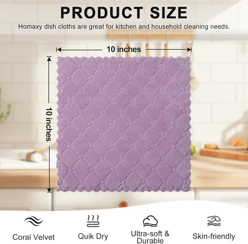 Miniatura 5 de Homaxy - Paquete de 12 trapos de cocina (10 x 10 pulgadas, morado), de terciopelo coral, supersuaves y absorbentes, de secado rápido, paño