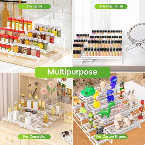 Miniatura 3 de Organizador de especias ajustable de 4 niveles para gabinete, color blanco (2 piezas S & L), estante de especias expandible con barandilla