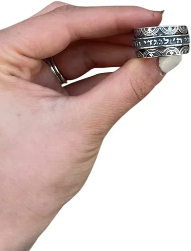 Miniatura 7 de Anillo de barril giratorio de meditación hebreo hecho a mano en plata de ley 925, joyería judía tamaño 5 a 12