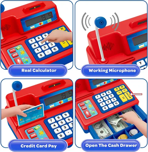 Miniatura 3 de Juguete de Caja Registradora con Calculadora para Niños de 3, 4, 5, 6, 7, 8+ Años, Set de 120 Piezas de Tienda de Comestibles con Micrófono, Cajas