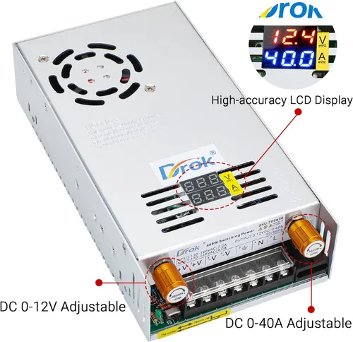 Miniatura 3 de DROK Fuente de alimentación de 12V, CA 110V 220V a CC 0-12V 0-40A 480W Convertidor Buck, adaptador regulado ajustable de voltaje y amperios 5V 9V