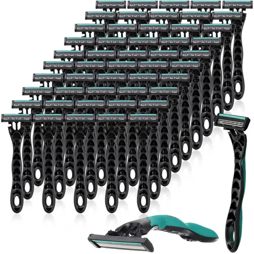 50 piezas de maquinillas de afeitar desechables para hombres a granel, 3 cuchillas para hombres para piel sensible, afeitado cómodo