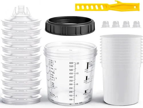 Kit de vaso mezclador de pintura desechable para pistola de pintura automotriz, 10 piezas, 20 onzas, 10 forros, 10 tapas, 1 taza dura, 4 tapones