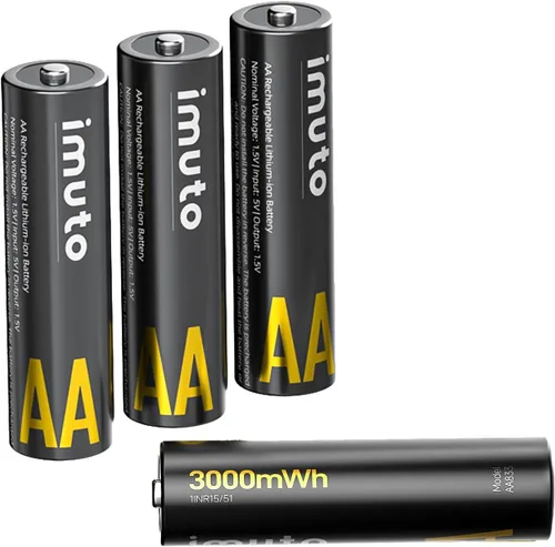 imuto Baterías recargables AA, baterías de litio de 3000 mWh AA, paquete de 4, salida de 1.5 V 2 A, doble batería, más de 2500 ciclos de vida