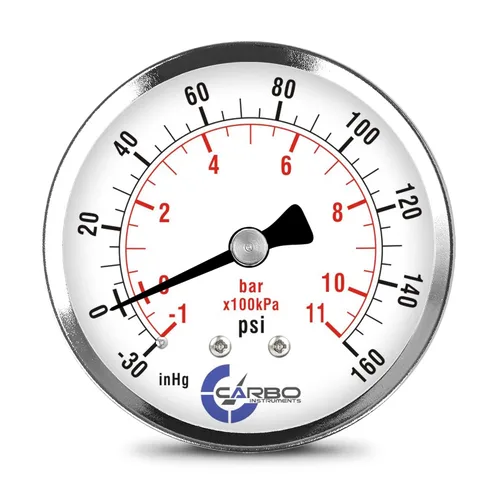 Miniatura 17 de Medidor de presión de 2-1/2 pulgadas, carcasa de acero cromado, seco, vacío compuesto -30 Hg - 0-15 psi montaje trasero 1/4 pulg. NPT