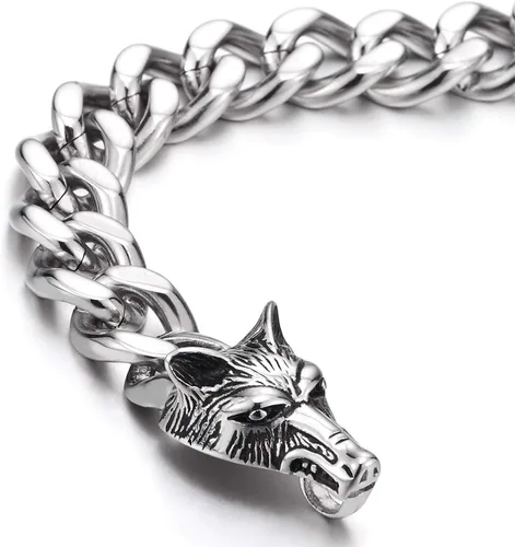 Miniatura 4 de COOLSTEELANDBEYOND Biker Punk Rock Mens Stainless Steel Wolf Head Curb Chain Bracelet with Spring Ring Clasp, 9 Inches