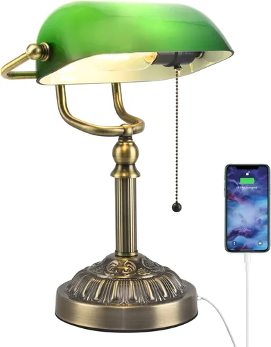 Bankers - Lámpara de escritorio con puerto de carga USB-A, lámparas de escritorio vintage con cadena de tracción de vidrio verde, lámpara de