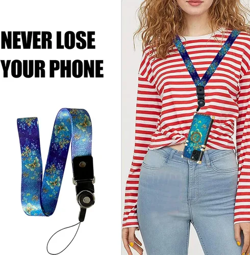 Miniatura 6 de nancheng Funda para iPhone 15, diseño de flor de mariposa azul, TPU suave, a prueba de golpes, con soporte de anillo y cordón a juego, elegante