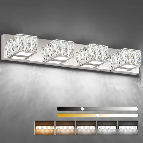 Miniatura 12 de Lámpara LED de baño – Moderna lámpara de tocador de cristal de 3 luces – Lámpara de pared cromada para baño 5CCT regulable
