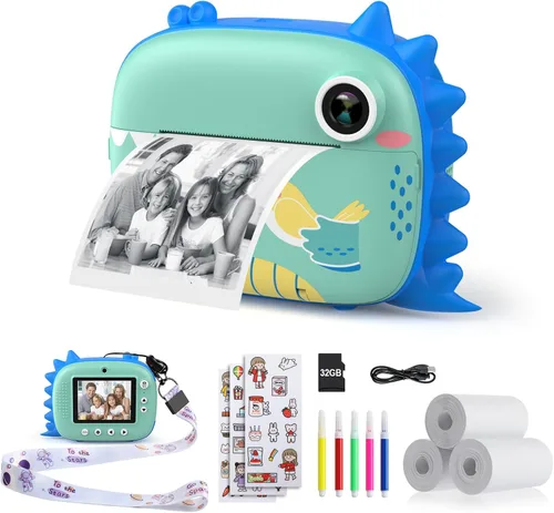 HiMont Cámara para Niños con Impresión Instantánea, Cámara Digital Selfie para Niños con Papel de Impresión y Tarjeta de 32G, Video de 2.5K y Cámara