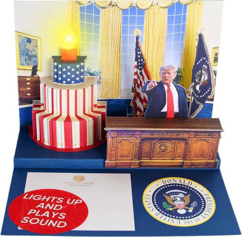 Donald Trump - Tarjeta de cumpleaños desplegable con voz real, luces y música, reproduce "Hail to the Chief" en oficina ovalada 3D, divertida