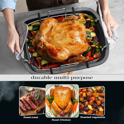 Miniatura 8 de Sartén antiadherente para asar pavos con estante, sartén para pavo de 17 x 13 pulgadas, sartén grande para carne y verduras, (plateado)