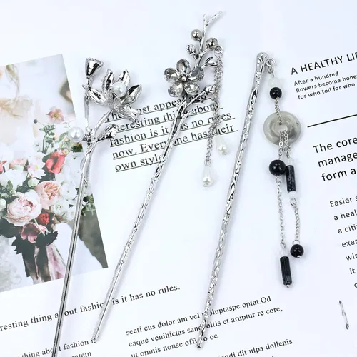 Miniatura 8 de inSowni 8 Piezas Palillos de Cabello Retro Vintage Asiáticos Chinos Tradicionales Hanfu de Metal Plateado con Colgantes de Cuentas de Perlas Flor