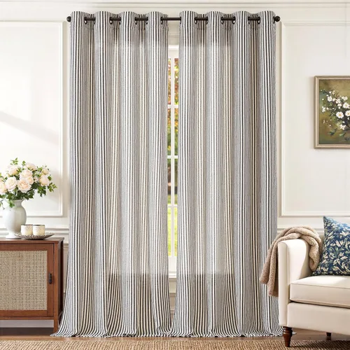 Miniatura 23 de JINCHAN Cortinas de lino para sala de estar o dormitorio, con estampado a rayas verde salvia sobre beige, rayas delgadas que filtran la luz