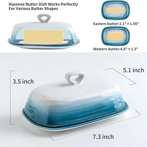 Miniatura 3 de Hasense Mantequillera con tapa para encimera, soporte de mantequilla de cerámica con asa perfecto para mantequilla de las costas este y oeste, Azul