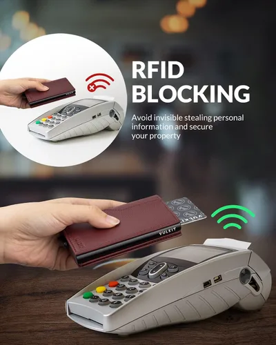 Miniatura 5 de VULKIT Tarjetero con ventana de identificación, tarjetas emergentes, delgada, de cuero, con protección RFID, hasta 12 tarjetas, funda para tarjetas