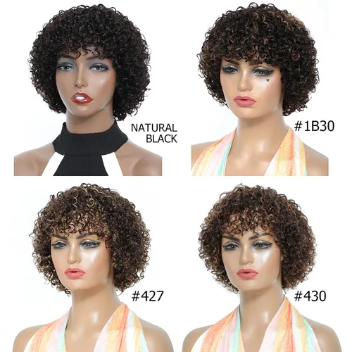 Miniatura 5 de Peluca de cabello humano rizado estilo Bob para mujeres negras, 150% de densidad, mezcla de castaño caoba, peluca corta sin pegamento por