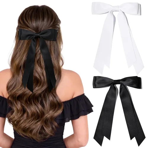 Miniatura 32 de Aileam 2 piezas lazos de cabello de satén sedoso, pinza para cabello, cinta blanca para cabello, sujetador de cola de caballo, accesorios, Blanco