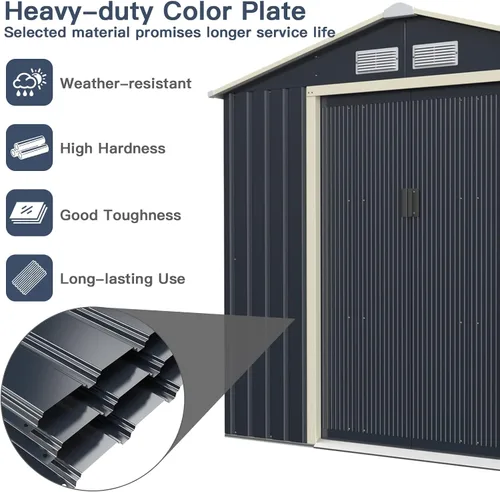 Miniatura 5 de Giantex Cobertizo de almacenamiento para exteriores con doble puerta corrediza, almacenamiento de jardín de metal galvanizado, ventilación delantera