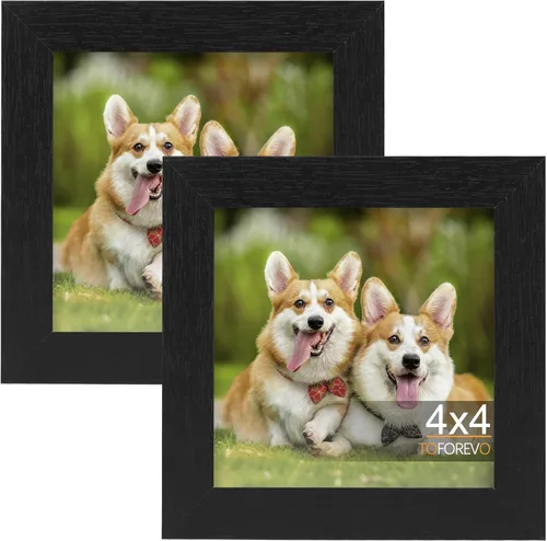 TOFOREVO Marcos de fotos de 4 x 4 pulgadas, juego de 2 marcos de fotos de grano de madera negra para montaje en pared de galería o exhibición de mesa
