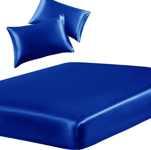 Miniatura 20 de SiinvdaBZX Juego de 3 piezas de sábana bajera de satén tamaño individual y 2 fundas de almohada, color azul bebé, sábana bajera suave y sedosa, sin