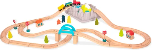 B. toys – Juego de Tren de Madera y Ruedas – 47 Piezas – Vías y Accesorios – Cubo de Almacenamiento con Tapa de Montaña – Juguetes Clásicos para