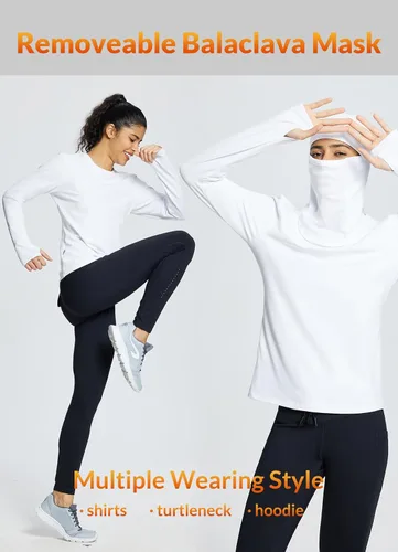 Miniatura 3 de BALEAF Camisas térmicas de manga larga para mujer, ropa de invierno, cuello redondo, cálido, forro polar, capa base con pasamontañas y agujeros