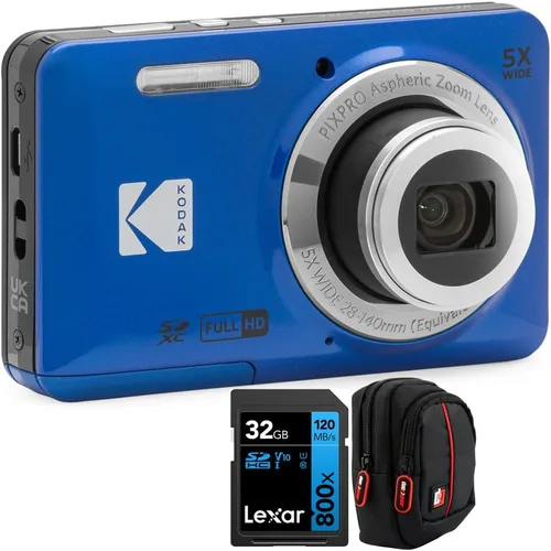 Kodak PIXPRO - Cámara digital FZ55, paquete azul con tarjeta de memoria Lexar de 32 GB de alto rendimiento 800x UHS-I SDHC + funda de cámara Deco