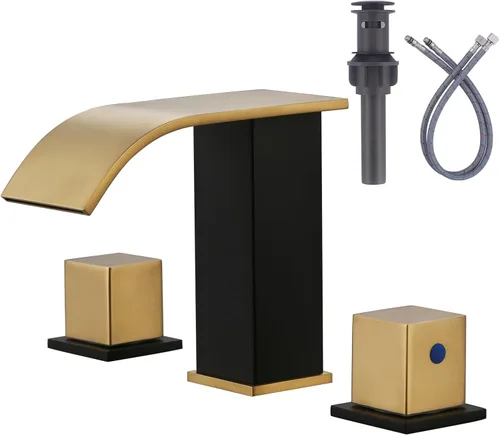 Grifo de baño en cascada negro y dorado: grifo de baño ARCORA de 3 agujeros, grifo de baño extendido de 8 pulgadas con drenaje desplegable y manguera