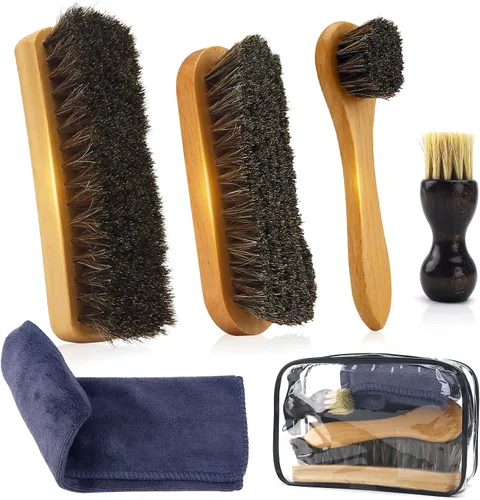 IKI Deluxe 5-Piece Shoe Polishing Horsehair Brush Set, Leather Shoe and Boot Care Brush, Suede Leather Cleaning Brush with Microfiber Cloth