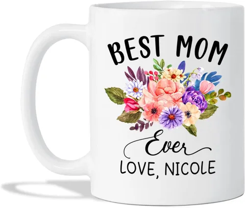 Taza de café con nombre personalizado "Best Mom Ever", regalos para cumpleaños, regalos de niños, taza de café floral personalizada, regalo de