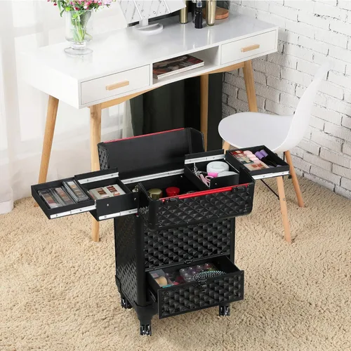 Miniatura 8 de Yaheetech Estuche de Maquillaje Tipo Tren con Ruedas, Estuche de Aluminio para Cosméticos con Ruedas, Estuche de Barbero para Salón, Carrito