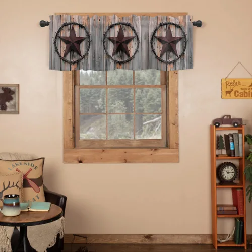 Miniatura 2 de Cortina de cenefas de estrella de campo occidental para cocina, cafetería, estrellas de hierro rústico en madera para puerta de granero, cenefa
