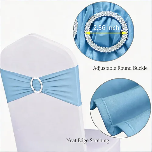 Miniatura 3 de Paquete de 50 bandas elásticas para sillas de bebé azul para boda, bandas elásticas de licra con hebilla deslizante, arcos de sillas de spandex